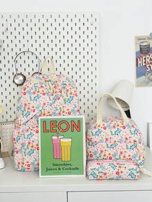 3 PiecesCasual College Style Floral Pattern Backpack Set, Includes Backpack, Lunch Bag And Pencil Case, With Laptop Compartment, Adjustable Shoulder Straps, Multi-Pocket Large Capacity, Multi-Function School Bag Set, Suitable For Girls/Teens/College Students/Graduates Daily Use/Vacation/Travel/Back To School. - 2347 - View 3