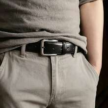 Men's Alloy Buckle Belt, Business Casual Style, Versatile Pants Belt, Pin Buckle Design, No Hole Required, Easy Adjustment, Fine Texture, Soft Touch, Suitable For Daily Commute, Workplace Wear, Dating And Gatherings - Black - View 6