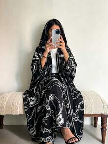 2 Pieces Set Floral Print Open Abaya With Matching Hijab, Modest Islamic Outfit For Women Daily Wear - Multicolor - View 6