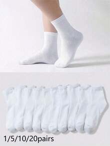 1/5/10/20 Pairs Women's/Men's Unisex Solid White Soft Comfortable Mid-Calf Socks, Suitable For Daily Wear, Outdoor Leisure Sports, Matching Loafers, Sneakers, All Seasons - White - View 13