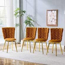 2 Piece Modern Luxury Velvet Dining Chair Set, Gold Metal Legs, Cushioned Seats, Rope Trim, Orange - Orange - View 4