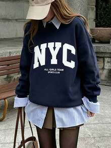 Women's Navy Blue NYC Large Letter Print Crew Neck Sweatshirt, Retro Campus ALL GIRLS TEAM Slogan Loose Drop Shoulder Long Sleeve Pullover, Casual Slouchy Basic Navy Blue Versatile Commuter Sweatshirt, Street Fashion Slimming Couple Style Daily Inner Layer Outer Wear Simple Crew Neck Top - Navy Blue - View 1