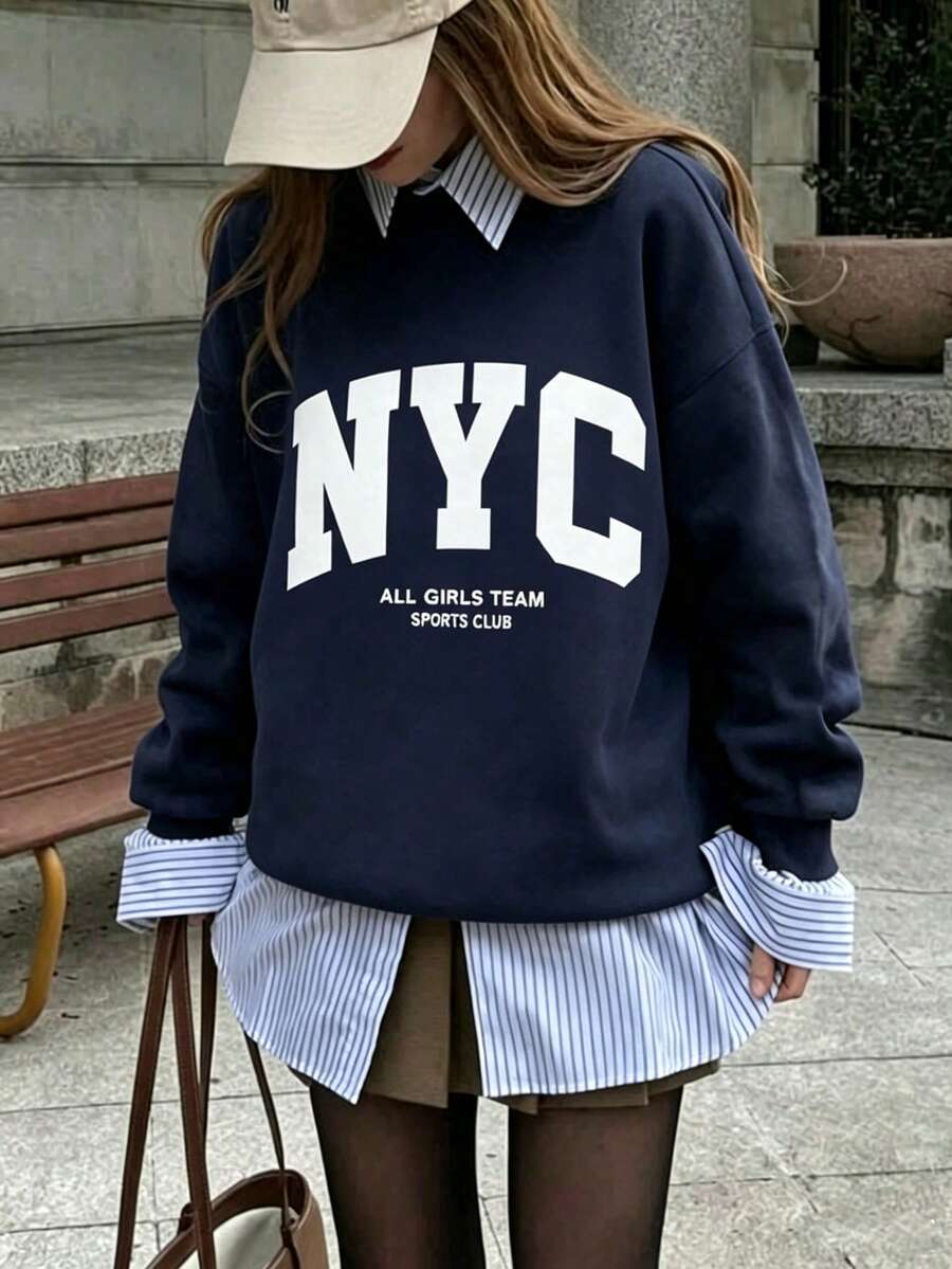 Women's Navy Blue NYC Large Letter Print Crew Neck Sweatshirt, Retro Campus ALL GIRLS TEAM Slogan Loose Drop Shoulder Long Sleeve Pullover, Casual Slouchy Basic Navy Blue Versatile Commuter Sweatshirt, Street Fashion Slimming Couple Style Daily Inner Layer Outer Wear Simple Crew Neck Top - Navy Blue - View 1