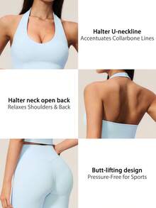 TimeOff Women's One Set Solid Color Halter V-Neck Cropped Tank Top And High Waist Mid-Length Pants Sports Set - Blue - View 4