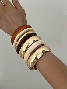 7/4/3pcs Vintage Elegant Casual Style Women's Brown Acrylic Marbled Round Bangle And Gold Metal Bracelet, Suitable For Summer Daily Wear, Party And Beach Vacation Travel - Multicolor - View 5
