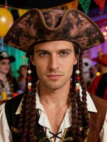 Multi Style Pirate Wig Set Black Brown Long Curly Braided Hair With Color Beads For Caribbean Captain Halloween Men Cosplay Costume Hairpiece - Multicolor - View 8