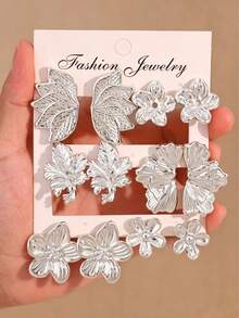 2/12 piezas Pendientes elegantes de moda para mujer con diseño floral y de hoja, conjunto de pendientes de botón con elementos geométricos de metal vintage, pétalos y hojas de arce, adecuados para uso diario, viajes, vacaciones y fiestas - Plateado - Ver 7