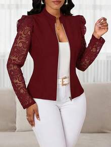 1pc Plus Size Women's Blazer, Lace Patchwork Sleeve, Zipper, Open Front Blazer, Blazer For Women, Office For Women, Work For Women, Business Casual - Burgundy - View 3