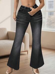 Celana Panjang Slim Fit Model Flare Motif Denim Ukuran Plus, Elastis Sedang, Ciptakan Gaya Dasar - Hitam - View 4