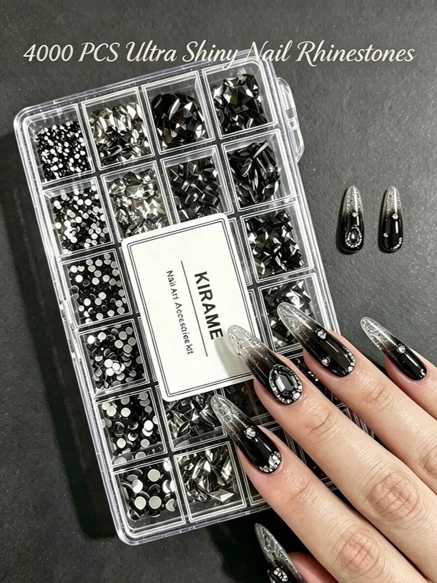 KIRAME 4000顆高品質超亮黑色美甲水鑽套組，含拾取筆，混色混形水晶，適用於DIY美甲、居家美甲、美甲沙龍、美甲用品，聖誕、夏季與旅行美甲、萬聖節、節日禮物