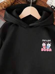 Tween Girl Cartoon Print Hooded Long Sleeve Sweatshirt - Black - View 3