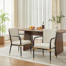 Set Of 2 Modern Dining Chairs With Armrests, Upholstered Dining Chairs In Scandinavian Style, Black Frame And Gold Accents, Cream-Colored Fabric Cushion For The Dining Table - Beige - View 12