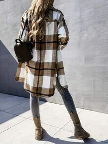 Fall Outfits, Brown White Plaid Oversized Long Flannel Shirt Jacket, Lapel Pocket Button Down Loose Shacket Coat - Khaki - View 3