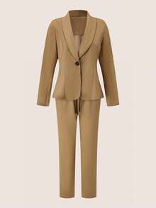 Women's Casual Shawl Collar Button Blazer And Drawstring Long Pants Set, Regular Sleeves, Slightly Elastic, Suitable For Spring And Autumn Wear. - Khaki - View 2