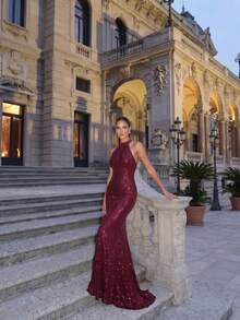 Sequin Glamorous Halter Neck Evening Gown Party - Burgundy - View 2