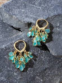 Opalesca 1 Pair Fashionable High-End Luxury Sparkling Elegant Sweet Versatile High-Quality Gold,White Water Drop, Heart, Flower, Round Zirconia Hoop Earrings - Green Jade Multi- Earrings - View 1
