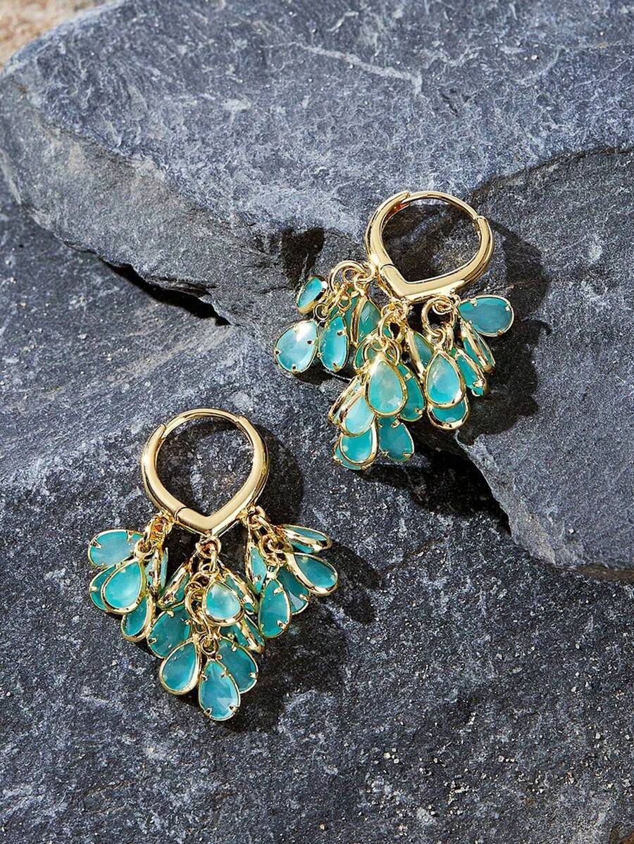 Opalesca 1 Pair Fashionable High-End Luxury Sparkling Elegant Sweet Versatile High-Quality Gold,White Water Drop, Heart, Flower, Round Zirconia Hoop Earrings - Green Jade Multi- Earrings - View 1