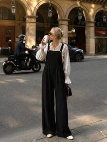 Women's Solid Color Button Pocket Strap Jumpsuit Wide Leg Pants - Black - View 4