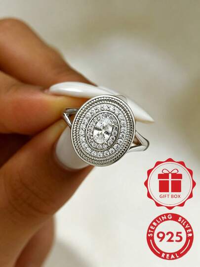 1pc 925 Sterling Silver Fashion Cubic Zirconia Women's Ring, Wide Band Luxury Sparkling Elegant, Daily Wear, Gift With Gift Box