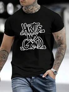 Men'S American Streetwear Graffiti "Hustle And Grind" Casual T-Shirt - Black - View 1