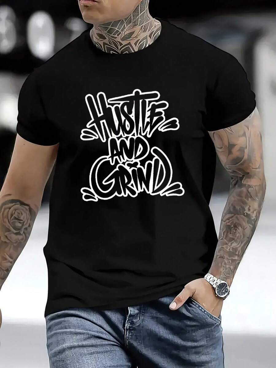 Men'S American Streetwear Graffiti "Hustle And Grind" Casual T-Shirt - Black - View 1