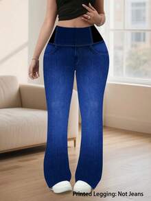 Women's Plus Size Slim Fit Denim Effect Printed Flare Pants, Medium Stretch, Exquisite Details, Fashionable And Comfortable - Blue - View 5