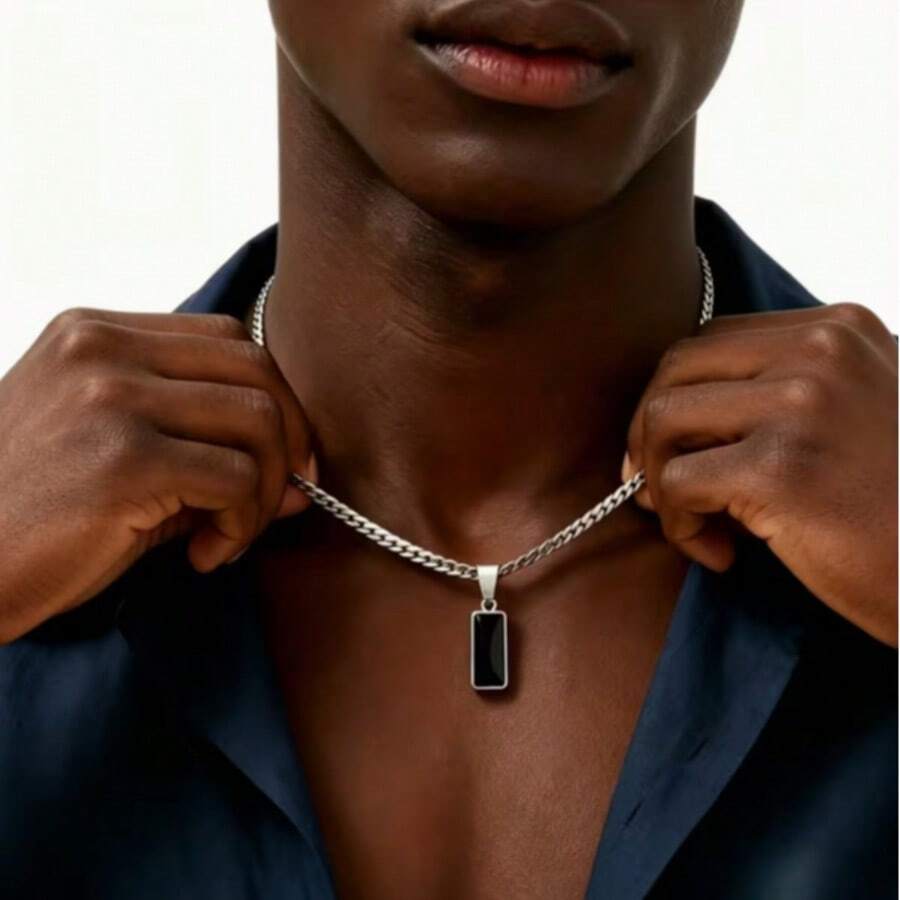 A Durable, Versatile Men's Adjustable Stainless Steel Cuban Necklace Featuring A Geometric Black Synthetic Zirconia Pendant, In A Stylish Hip-Hop Style - Multicolor - View 1