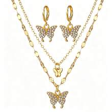 3pcs/Set Kalung Liontin Kupu-kupu Dua Lapis yang Indah, Anting Jepit Telinga, Aksesoris Perhiasan Kupu-kupu Modis - Emas - View 3