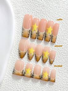 10片裝 Y2K 風格手工穿戴甲，Polygel 美甲套組，星星圖案，黃色、棕色與黑色指甲油，酷豹紋風格，附美甲工具，3 種尺寸可選，杏仁形、鴨嘴形、棺材形，適合派對、跳舞、日常配戴 - 彩色 - 查看 1