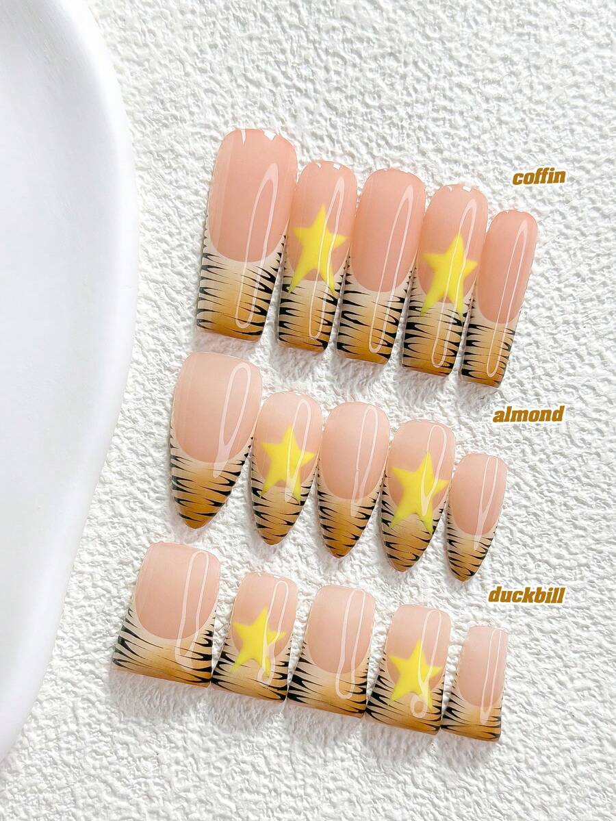 10片裝 Y2K 風格手工穿戴甲,Polygel 美甲套組,星星圖案,黃色、棕色與黑色指甲油,酷豹紋風格,附美甲工具,3 種尺寸可選,杏仁形、鴨嘴形、棺材形,適合派對、跳舞、日常配戴 - 彩色 - 查看 1