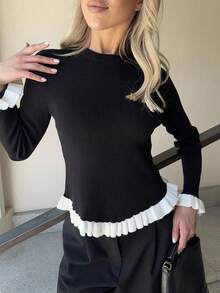 Yepolly-Pop Atasan Rajut Bergaris Musim Gugur/Musim Dingin Wanita, Sweater Lengan Panjang dengan Hiasan Ruffle Hitam, Pakaian Kasual untuk Kantor - Hitam dan Putih - View 8