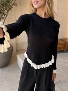 Yepolly-Pop Atasan Rajut Bergaris Musim Gugur/Musim Dingin Wanita, Sweater Lengan Panjang dengan Hiasan Ruffle Hitam, Pakaian Kasual untuk Kantor - Hitam dan Putih - View 3