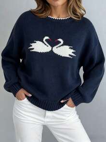 Suéter tipo pullover con patrón de cisne azul marino para mujeres, otoño/invierno - Azul Marino - Ver 4