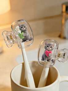 2D Flat Cute Cat-Shaped Toothbrush Travel Storage Box Set, Suitable For Daily Home And Business Travel, As Well As Outdoor Travel And Other Occasions, Essential Bathroom Supplies. Specially Designed Protective Cover For Toothbrushes, Not Only Keeps Toothbrushes Clean But Also Takes Care Of Oral Health. Essential Travel Toothbrush Protective Cover - Multicolor - View 6