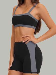 KyrLssu Women's 2pcs Colorblock Fitness Set, Square Neck Spaghetti Strap Sports Bra + High Waist Side Panel Biker Shorts - Black - View 4