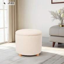 MU:4LIFE Taburete Otomano de Tela Teddy con Asiento Acolchado y Tapa de MDF como Mesa Auxiliar, Reposapiés con Baúl de Almacenaje para Sala y Recámara Tela Teddy, Blanco - Multicolor - Ver 3