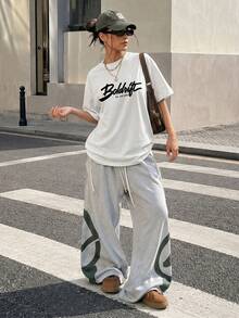 Women's White Y2K Script Letter Graphic Oversized T-Shirt, Drop Shoulder Crew Neck Short Sleeve Loose Fit Streetwear Campus Back To School Sports - White - View 6
