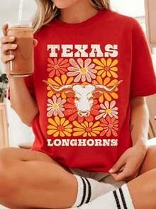 Texas Longhorns College Floral T-Shirt,UT Longhorn  Tee,College Game Day Shirt,Austin Texas College Chirt,Hook Em Horns Gift Comfortable,Loose-Fitting - 紅色 - 查看 1