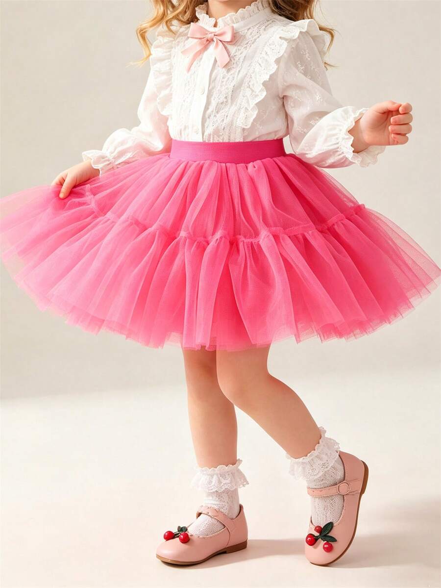 Young Girl Tulle Puff Mini Skirt, Ballet Dance - Hot Pink - View 1