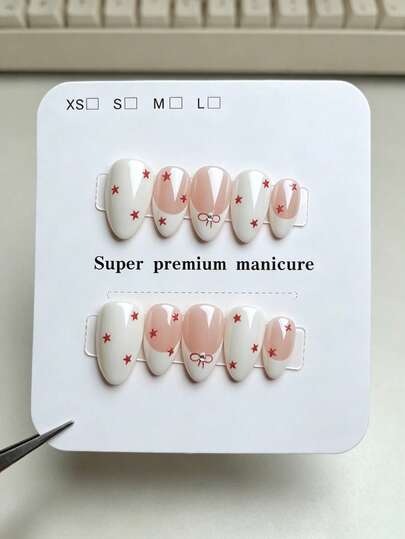 10pcs Pure Handmade Almond Press On Nails, Cute Sweet Girly Vintage Style, White French Tip, Red Five-Pointed Star & Mini Bow Rhinestone Decoration Patterns For Women And Girls, Spring Summer Fall Winter Festivals Party And Daily Life Use