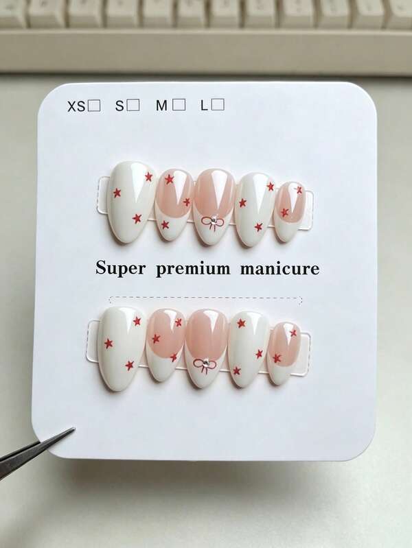 10pcs Pure Handmade Almond Press On Nails, Cute Sweet Girly Vintage Style, White French Tip, Red Five-Pointed Star & Mini Bow Rhinestone Decoration Patterns For Women And Girls, Spring Summer Fall Winter Festivals Party And Daily Life Use