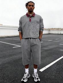 Modcrash American Retro Striped Colorblock Digital Print Long Sleeve Shirt & Loose Wide Leg Capri Pants 2pcs Set For Men - Grey - View 3