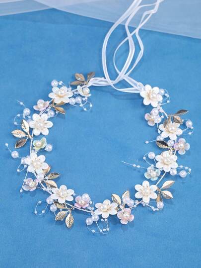 KOVLYNE 1件優雅珍珠花葉新娘髮箍，金色枝條花卉髮飾，女性婚禮髮飾