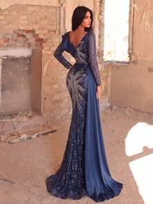 Stunning Formal Long Sleeve Square Neck Sequin Mermaid Evening Gown With Beaded Details And Fashionable Ruffle Trim, Suitable For Prom - Navy Blue - View 3