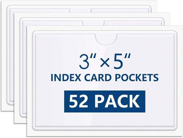 MaxGear 3" X 5" Index Card Holder, 52 Pack Label Holders For Storage Bins | Clear Adhesive Pockets With Top Open Loading, Plastic Index Card Pockets, Tote Bag Labels Sticker For Organizing Library Card