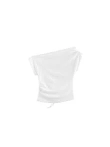 Kaos Lengan Pendek Kasual Putih dengan Ikat Pinggang dan Detail Kerut untuk Musim Panas - Putih - View 7
