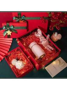 Christmas, New Year Holiday Multi-Piece Red Gift Boxes Set With Dark Green Ribbon Bows And Star Ornaments, Suitable For Indoor Living Room, Fireplace, Tabletop, Yard Gate, Christmas Tree And Other Holiday Decoration Gift Packaging - View 3