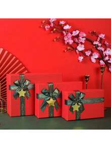 Christmas, New Year Holiday Multi-Piece Red Gift Boxes Set With Dark Green Ribbon Bows And Star Ornaments, Suitable For Indoor Living Room, Fireplace, Tabletop, Yard Gate, Christmas Tree And Other Holiday Decoration Gift Packaging - View 5