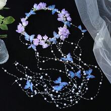 粉色布藝花卉與藍色蝴蝶花環珍珠串珠流蘇髮箍，仙女風新娘髮飾，適用於婚禮、舞會、攝影與節慶 - 彩色 - 查看 12