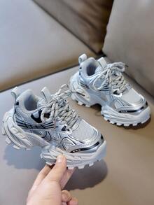 Kids Silver Grey Mesh Chunky Sneakers, Spring/Autumn Breathable Thick Sole Shock-Absorbing Non-Slip Sports Running Shoes For Boys And Girls - Grey - View 6